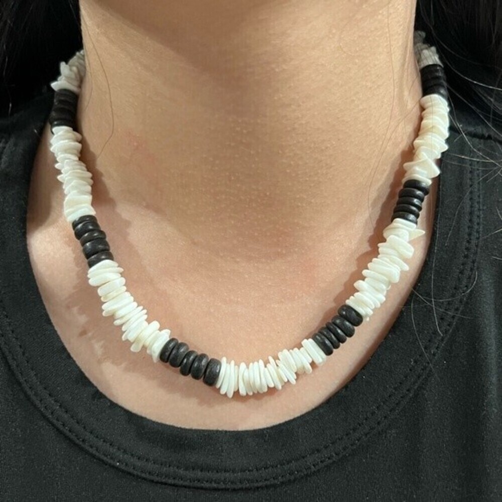 Vintage Puka Shell Necklace with Black Beads